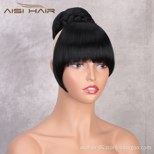 Aisi Hair New Design Natural Straight Black Color Hair Bun With Bangs Silky Straight Synthetic Hair Extension For Black Women